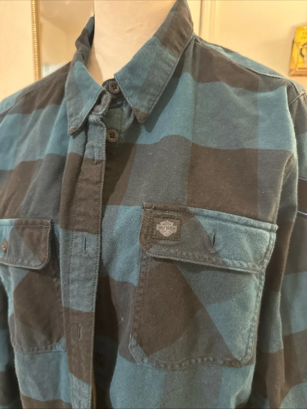 Harley-Davidson Men’s Blue and Black Plaid Button-Up